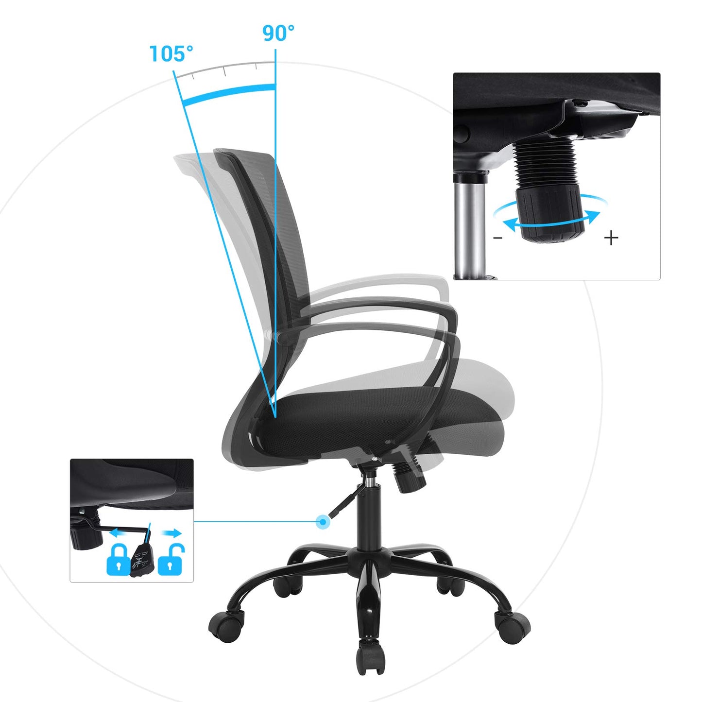 SONGMICS, Silla Giratoria, Regulable en Altura, Función de Inclinación, Respaldo y Asiento de Malla Transpirable, para Estudio de Oficina, Carga Máx. 120 kg, Negro OBN22BK, 58 x 60,5 x (96-104) cm