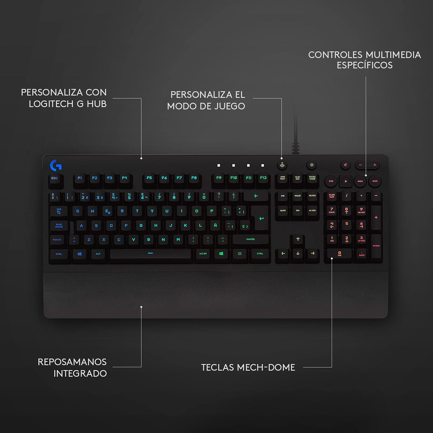 Logitech G213 Prodigy Teclado Gaming con Reposamuñecas, RGB LIGHTSYNC, Teclas Retroiluminadas y Personalizables, Resistente a Salpicaduras, Controles Multimedia Dedicados, Disposición QWERTY ES