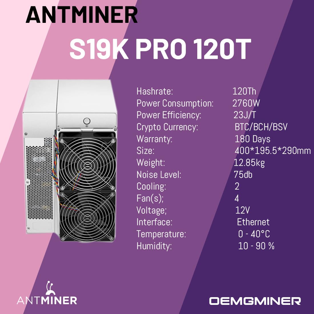 OEMGMINER Antminer S19k Pro 120T 2760W ASIC Bitcoin Miner - Alta eficiencia, incluye fuente de alimentación, en stock (S19k Pro 120T)