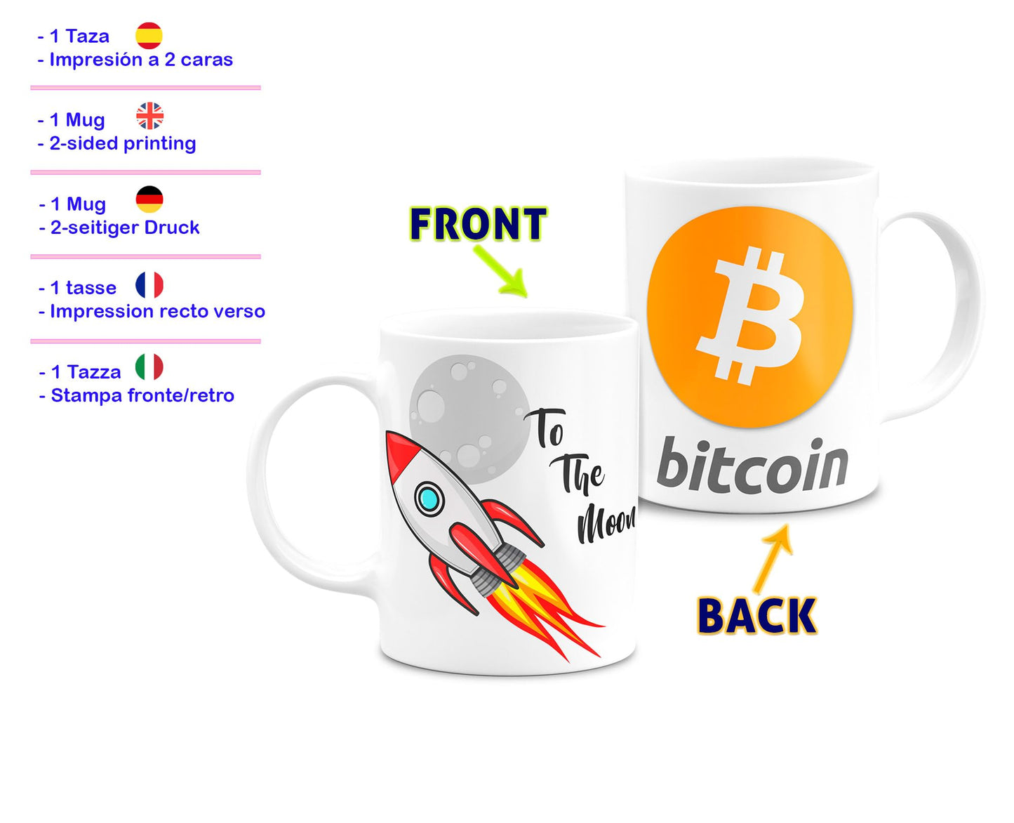 Taza Criptomonedas Bitcoin To The Moon Taza Desayuno, Taza de Café Cerámica Blanca Capacidad 330ml, Regalos Originales (Bitcoin)
