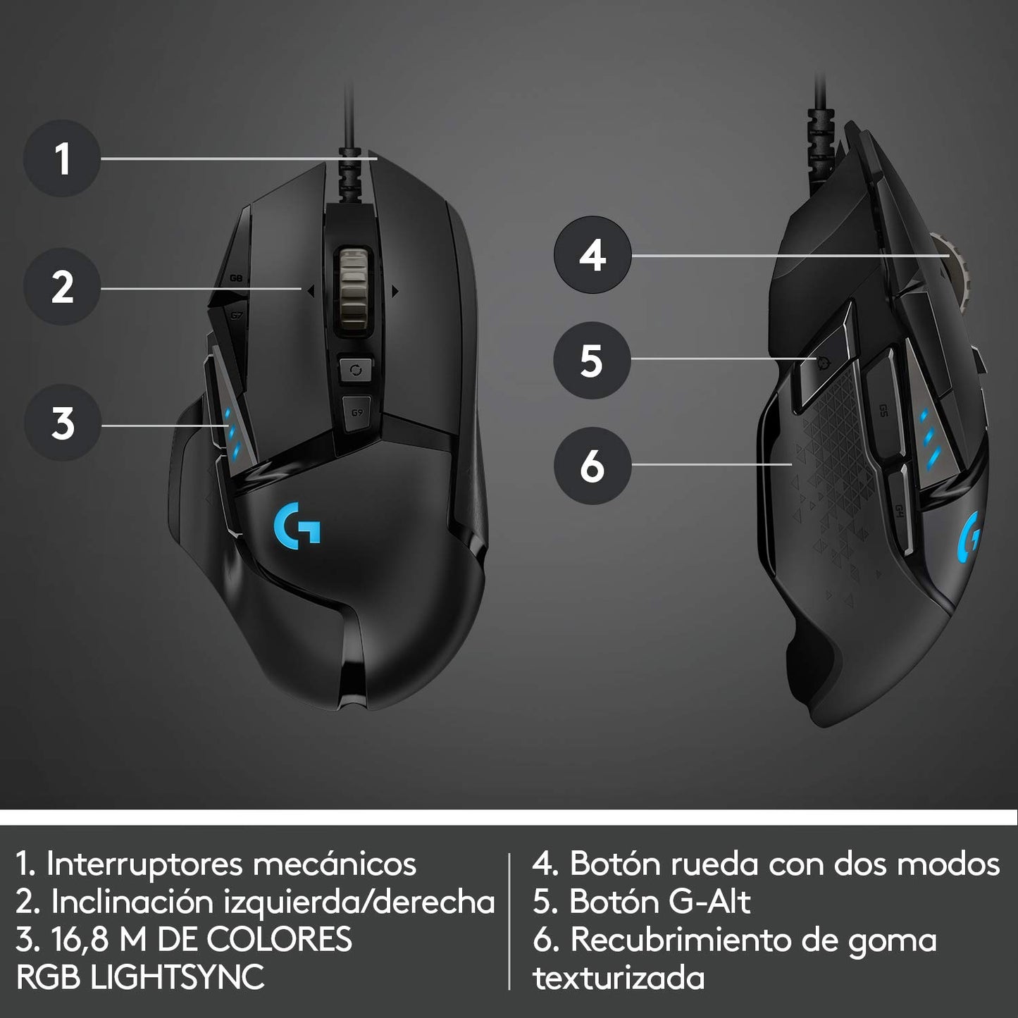 Logitech G502 HERO Ratón Gaming con Cable Alto Rendimiento, Captor HERO 25K, 25,600 DPI, RGB, Peso Personalizable, 11 Botones Programables, Memoria Integrada, PC/Mac - Negro
