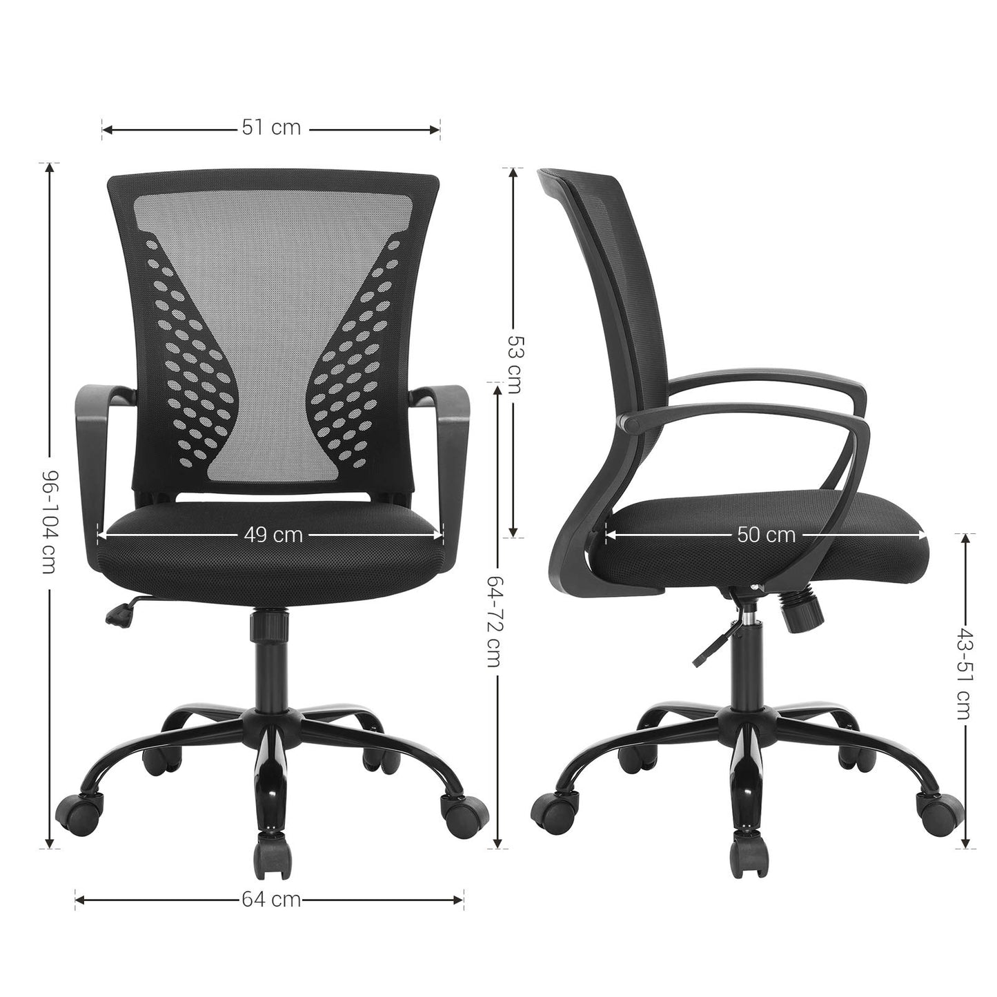 SONGMICS, Silla Giratoria, Regulable en Altura, Función de Inclinación, Respaldo y Asiento de Malla Transpirable, para Estudio de Oficina, Carga Máx. 120 kg, Negro OBN22BK, 58 x 60,5 x (96-104) cm