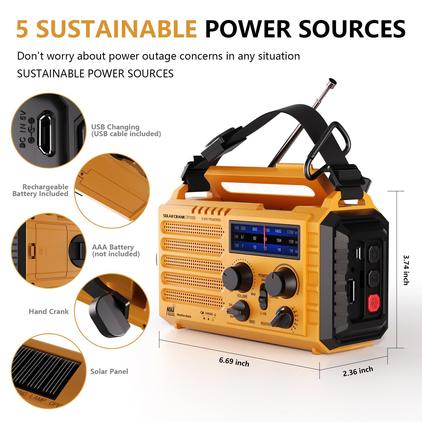 Radio meteorológica de emergencia, radio solar de manivela de 5 vías, radio meteorológica portátil AM/FM/SW/NOAA, funciona con pilas con cargador de teléfono celular, linterna de camping, lámpara de