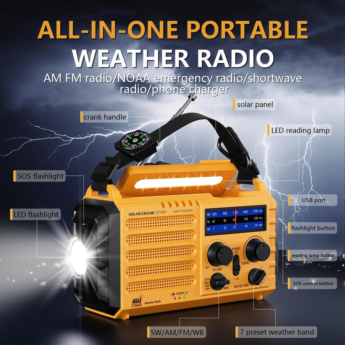Radio meteorológica de emergencia, radio solar de manivela de 5 vías, radio meteorológica portátil AM/FM/SW/NOAA, funciona con pilas con cargador de teléfono celular, linterna de camping, lámpara de