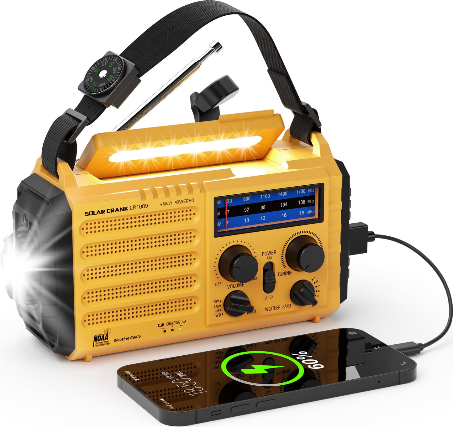 Radio meteorológica de emergencia, radio solar de manivela de 5 vías, radio meteorológica portátil AM/FM/SW/NOAA, funciona con pilas con cargador de teléfono celular, linterna de camping, lámpara de