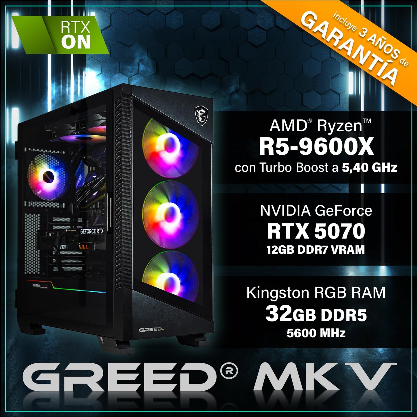 Greed® MK5 - Gaming PC - AMD Ryzen 5 9600X + Nvidia Geforce RTX 5070 12GB - Computadora RGB rápida + Raytracing & 4K - 5,4 GHz - 32 GB RAM DDR5-1TB SSD - WLAN + Win11 Pro