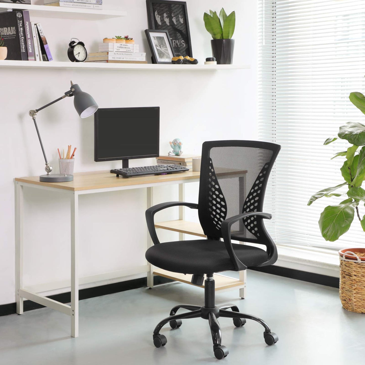 SONGMICS, Silla Giratoria, Regulable en Altura, Función de Inclinación, Respaldo y Asiento de Malla Transpirable, para Estudio de Oficina, Carga Máx. 120 kg, Negro OBN22BK, 58 x 60,5 x (96-104) cm