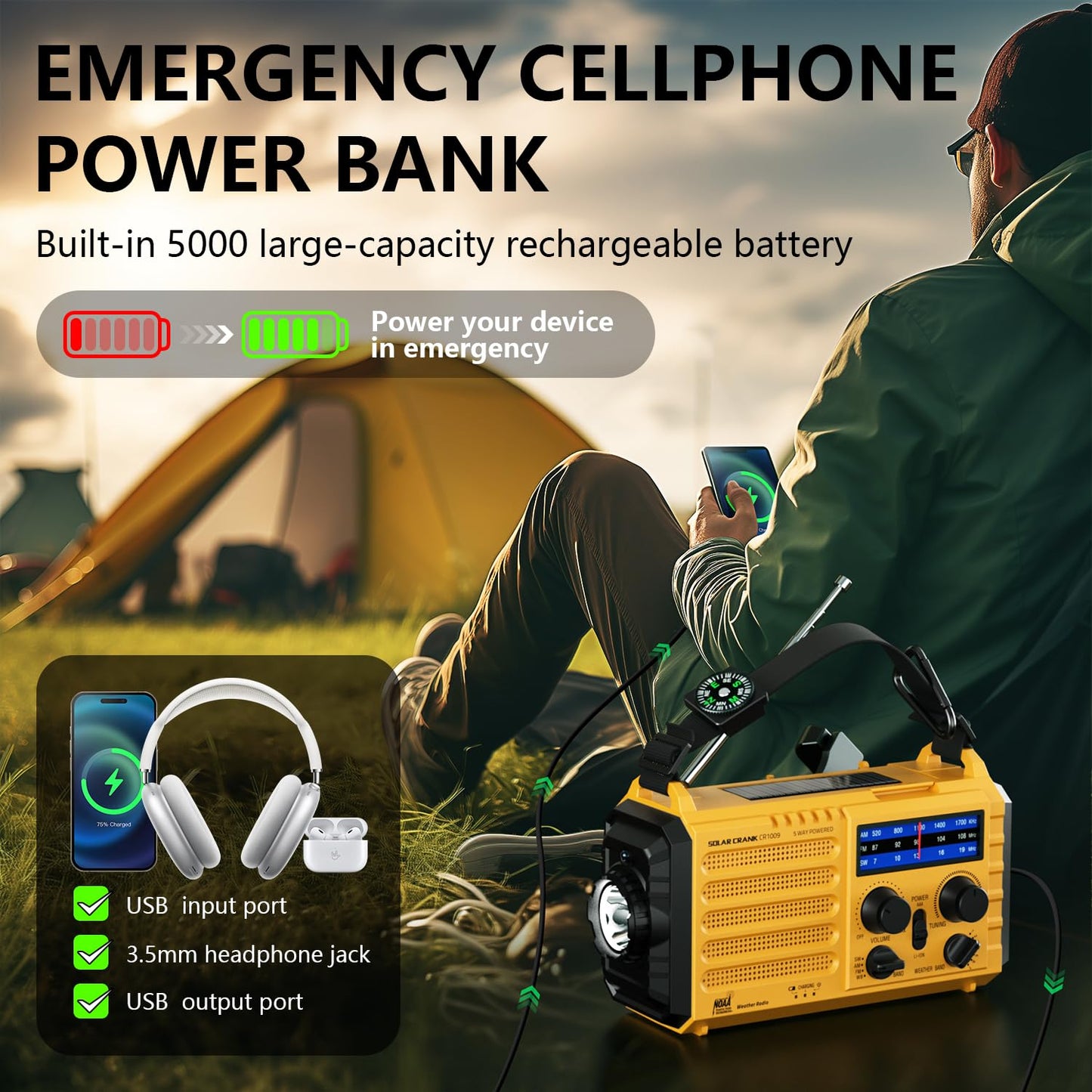 Radio meteorológica de emergencia, radio solar de manivela de 5 vías, radio meteorológica portátil AM/FM/SW/NOAA, funciona con pilas con cargador de teléfono celular, linterna de camping, lámpara de