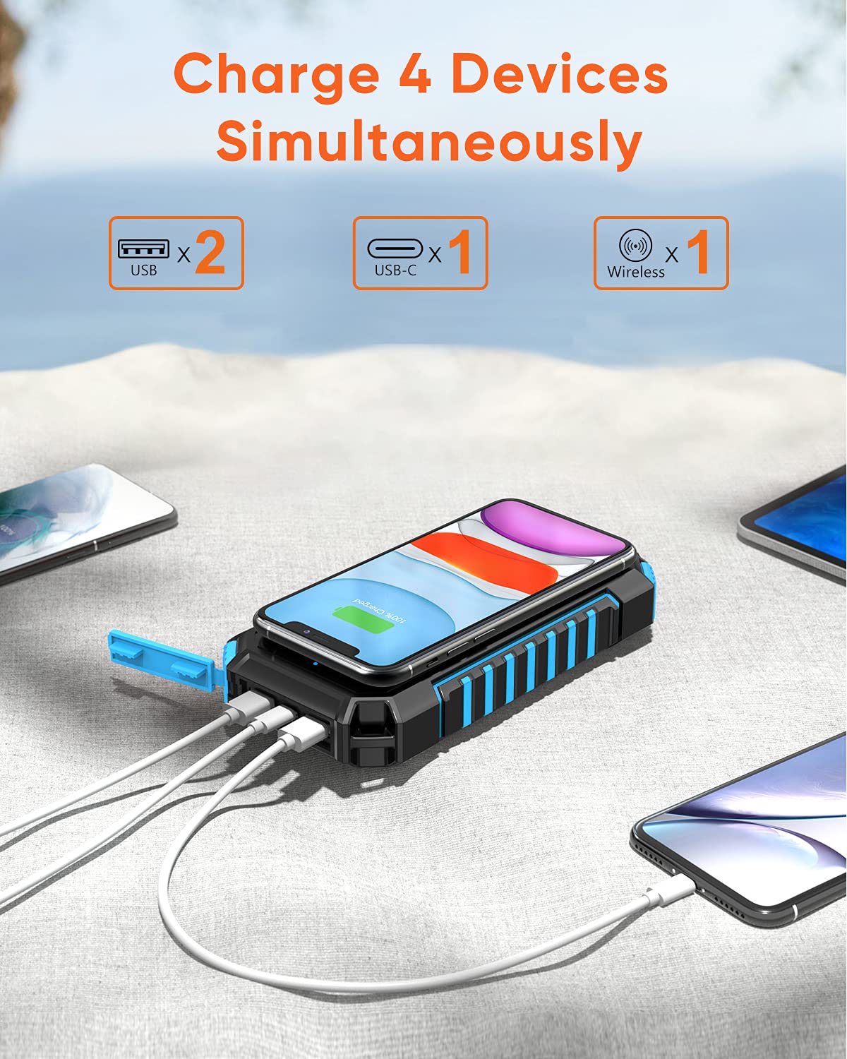Hiluckey Cargador Solar 26800mAh Power Bank Portátil Batería Externa Inalámbrico con USB C Carga Rápida, 4 Salidas para Smartphones, Tablets
