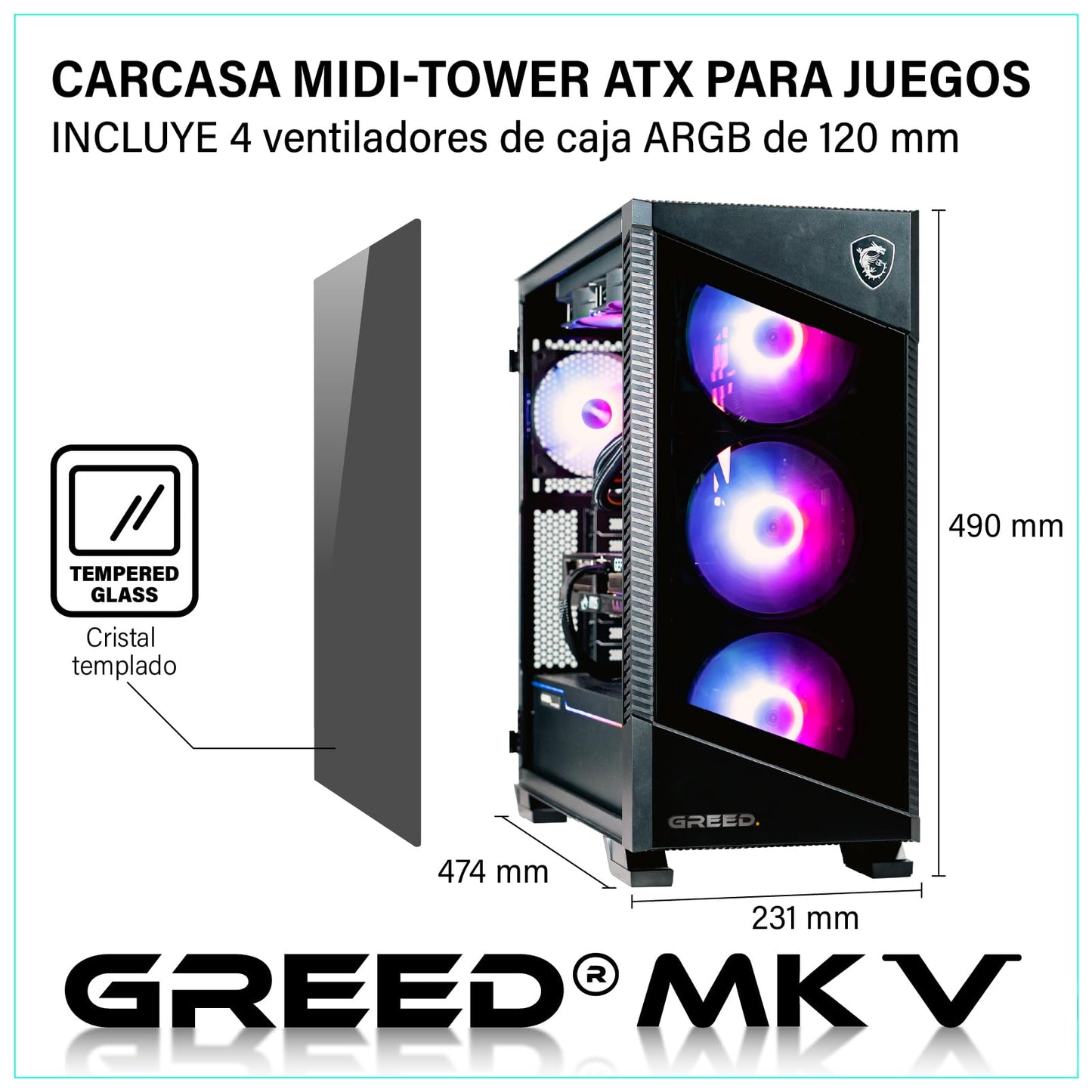 Greed® MK5 - Gaming PC - AMD Ryzen 5 9600X + Nvidia Geforce RTX 5070 12GB - Computadora RGB rápida + Raytracing & 4K - 5,4 GHz - 32 GB RAM DDR5-1TB SSD - WLAN + Win11 Pro