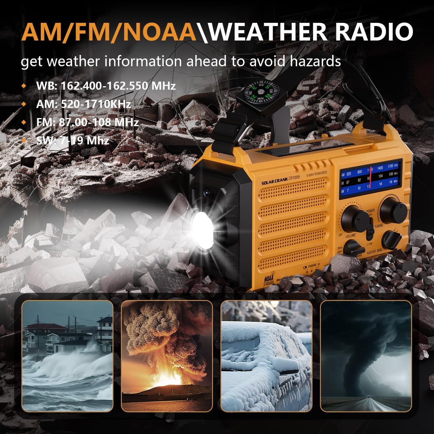 Radio meteorológica de emergencia, radio solar de manivela de 5 vías, radio meteorológica portátil AM/FM/SW/NOAA, funciona con pilas con cargador de teléfono celular, linterna de camping, lámpara de