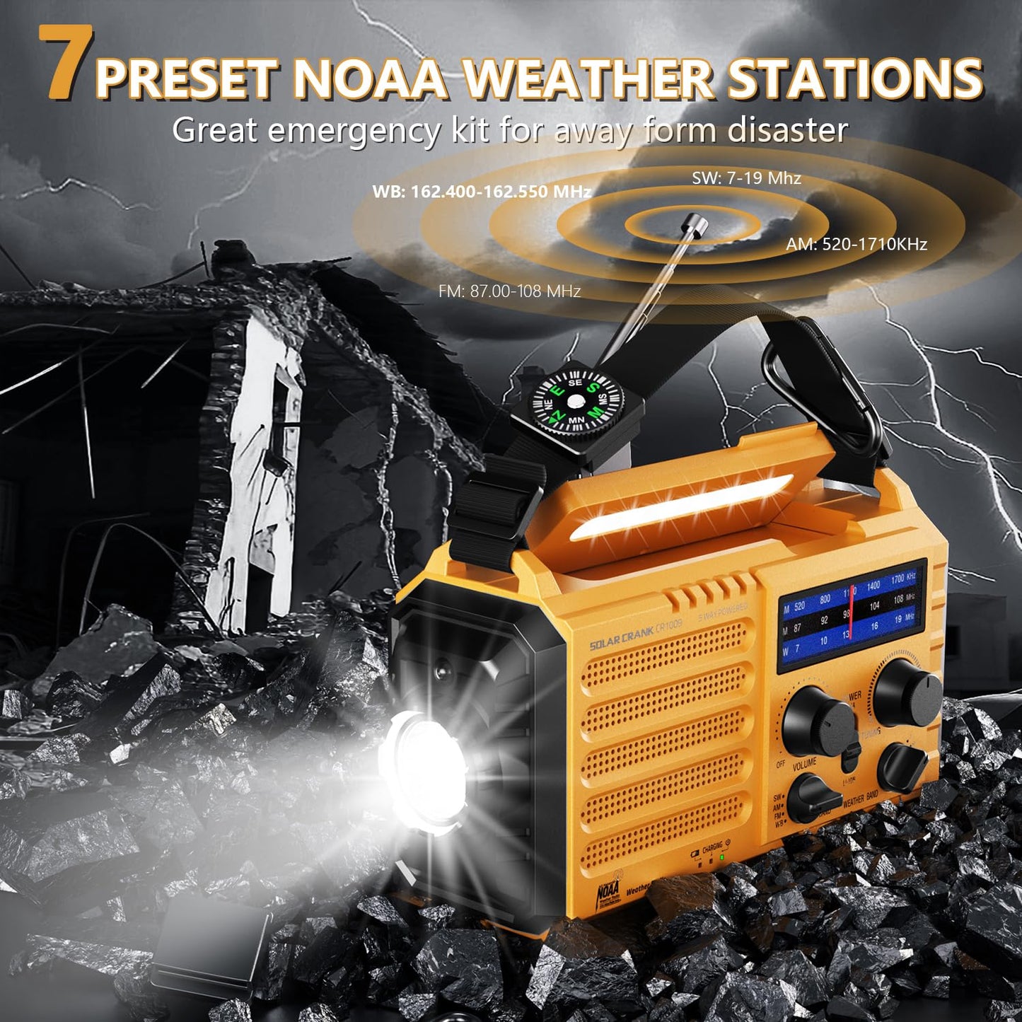 Radio meteorológica de emergencia, radio solar de manivela de 5 vías, radio meteorológica portátil AM/FM/SW/NOAA, funciona con pilas con cargador de teléfono celular, linterna de camping, lámpara de