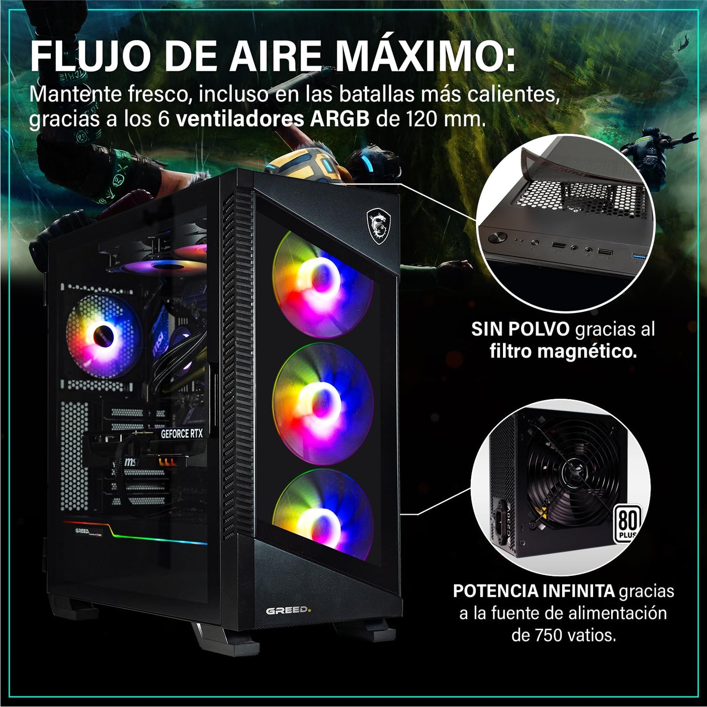 Greed® MK5 - Gaming PC - AMD Ryzen 5 9600X + Nvidia Geforce RTX 5070 12GB - Computadora RGB rápida + Raytracing & 4K - 5,4 GHz - 32 GB RAM DDR5-1TB SSD - WLAN + Win11 Pro