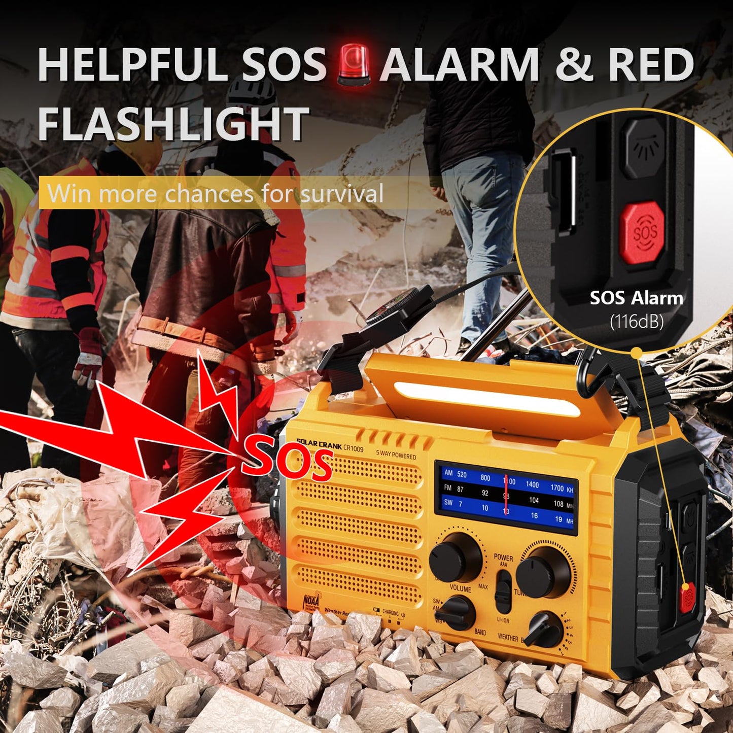 Radio meteorológica de emergencia, radio solar de manivela de 5 vías, radio meteorológica portátil AM/FM/SW/NOAA, funciona con pilas con cargador de teléfono celular, linterna de camping, lámpara de