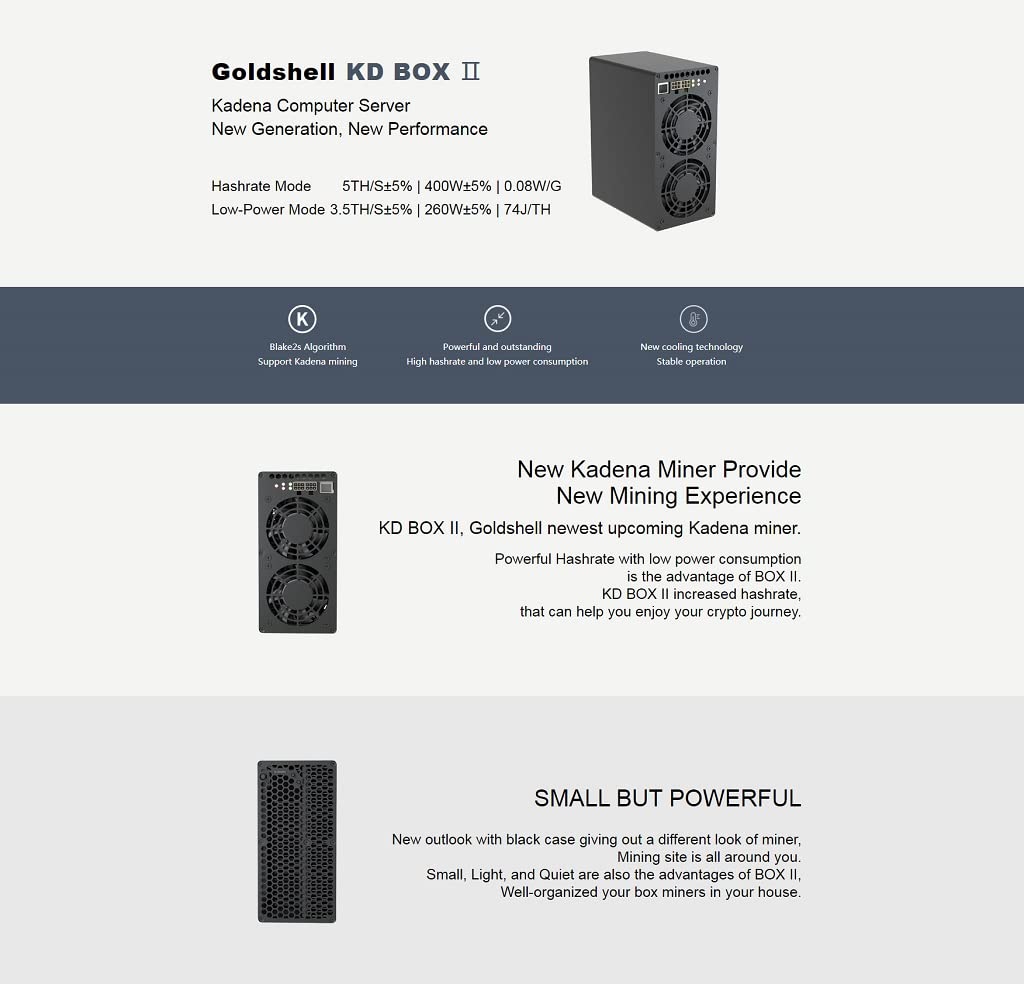 Goldshell KD Box II KDA Kadena Miner Dual Modes 5T/400W or 3.5T/260W with 750W PSU Ready to Ship