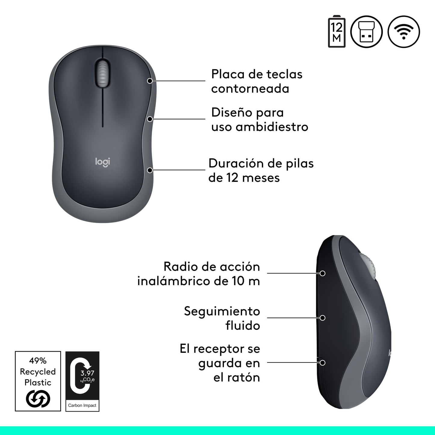 Logitech M185 Ratón Inalámbrico, 2.4GHz con Mini Receptor USB, Batería de 12 Meses, Seguimiento Óptico con Resolución de 1000 dpi, Ambidiestro, Compatible con PC, Mac, Portátil - Gris