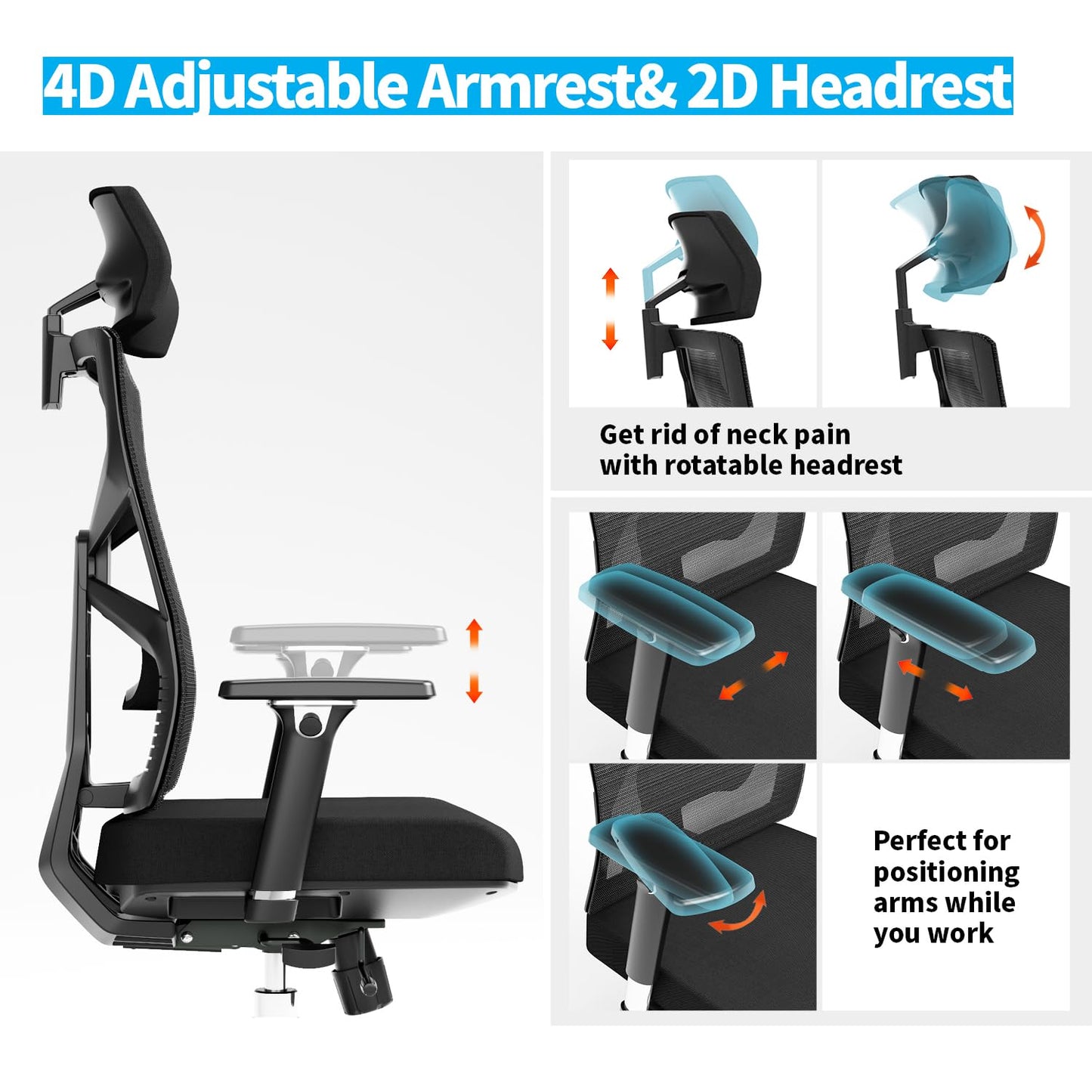 HOLLUDLE Silla de Oficina Ergonómica con Respaldo Adaptativo, Silla de Escritorio de Alto Respaldo con Reposabrazos 4D, Profundidad de Asiento Ajustable, Soporte Lumbar y Reposacabezas 2D, Negro