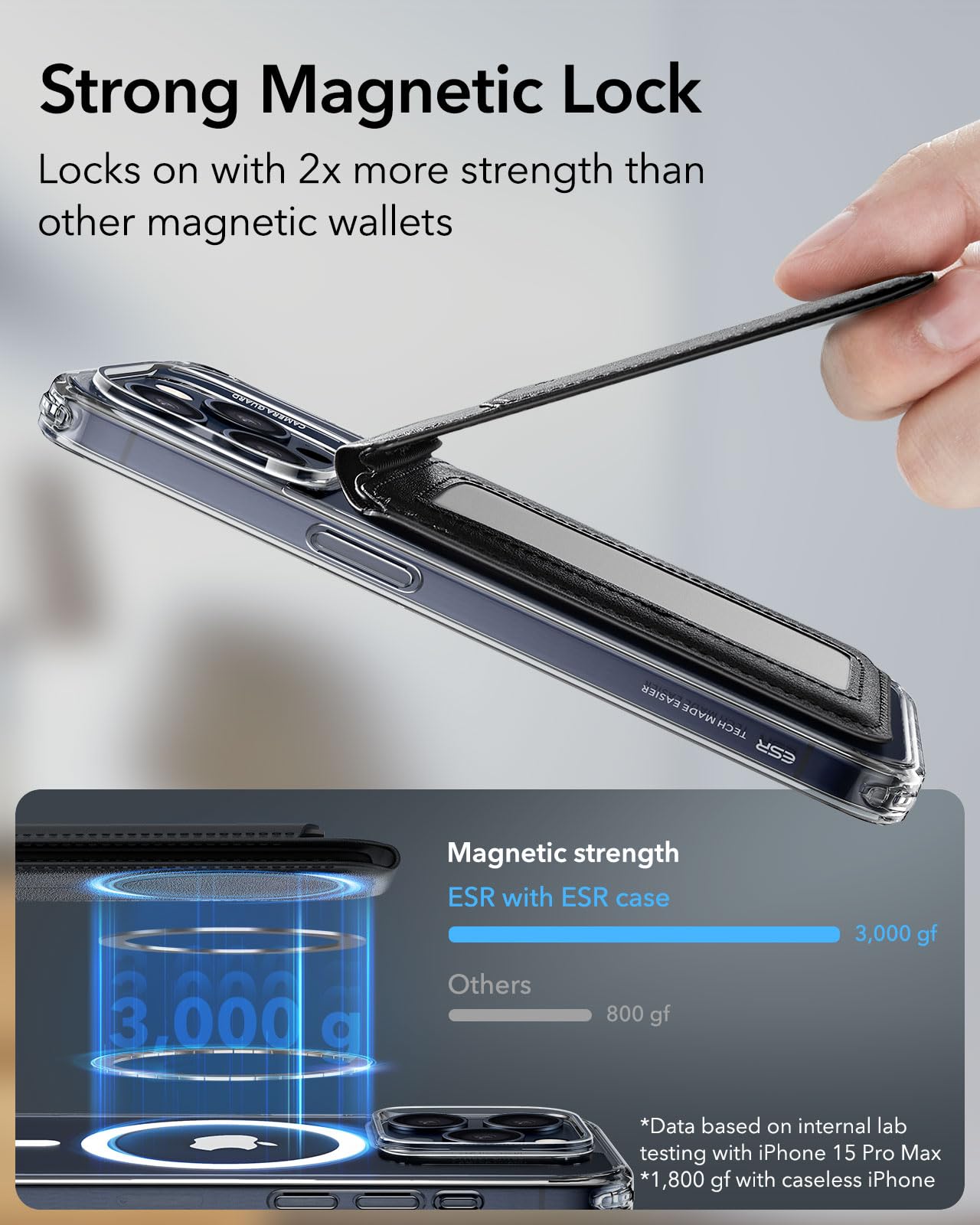 ESR Cartera MagSafe(HaloLock), Compatible Magsafe Wallet, Soporte Ajustable, 3 Tarjetas, Cuero Vegano, para iPhone Series 16/15/14/13/12, NO para 13/12 Mini, Negro
