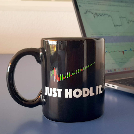 Taza Just Hodl It para amantes de las Criptomonedas y el Blockchain. Taza de desayuno 33 cl. Cerámica negra. Para seguidores Bitcoin, Neo, Ether, Ripple