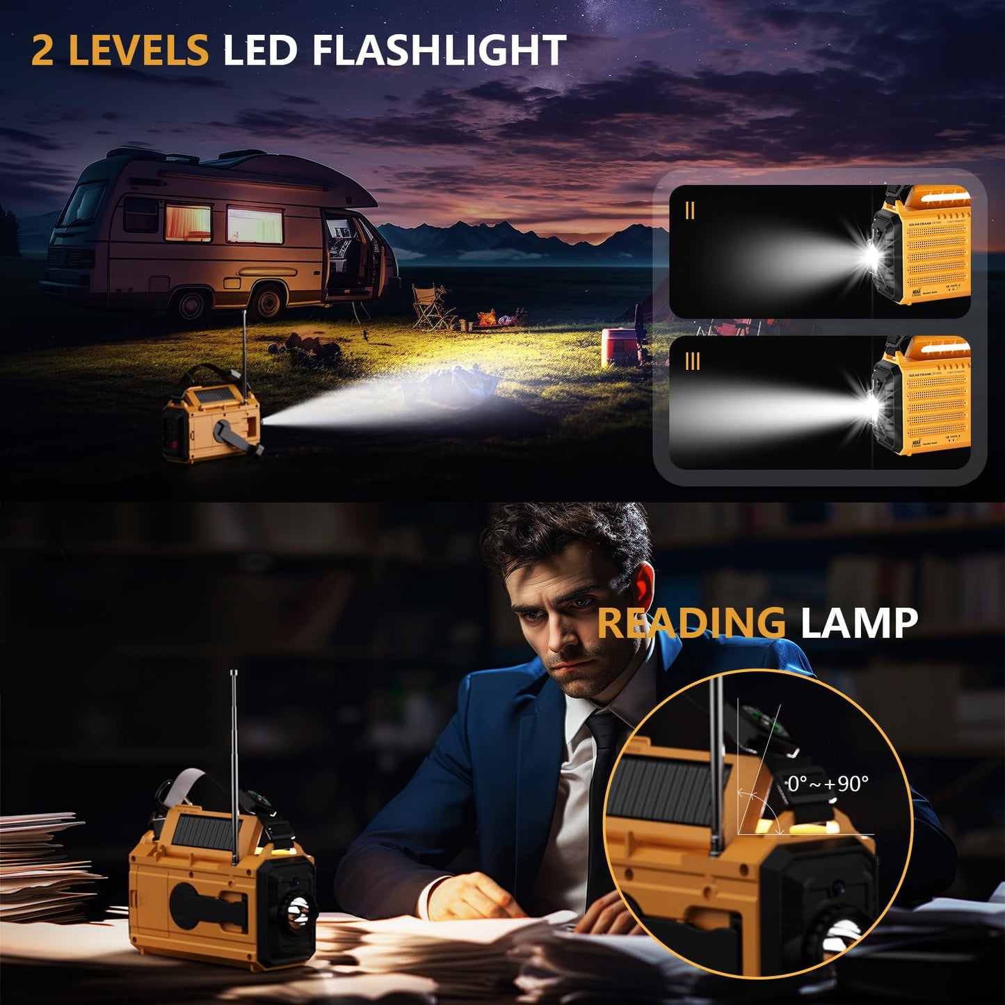 Radio meteorológica de emergencia, radio solar de manivela de 5 vías, radio meteorológica portátil AM/FM/SW/NOAA, funciona con pilas con cargador de teléfono celular, linterna de camping, lámpara de