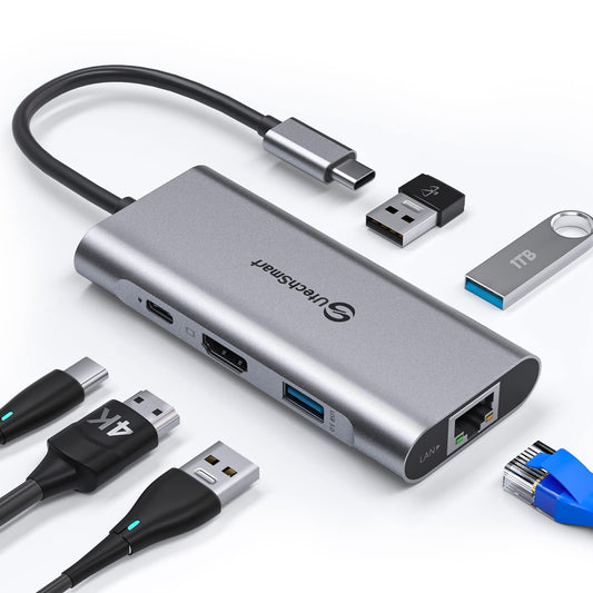 UtechSmart Hub USB C Ehternet 1000M - 6 en 1, Adaptador USB C con HDMI 4k, 3 Puertos USB 3.0, Tipo C PD 100W, Adaptador Hub-C Compatible Macbook Air/Pro, iPad, Windows, Surface, iPhone