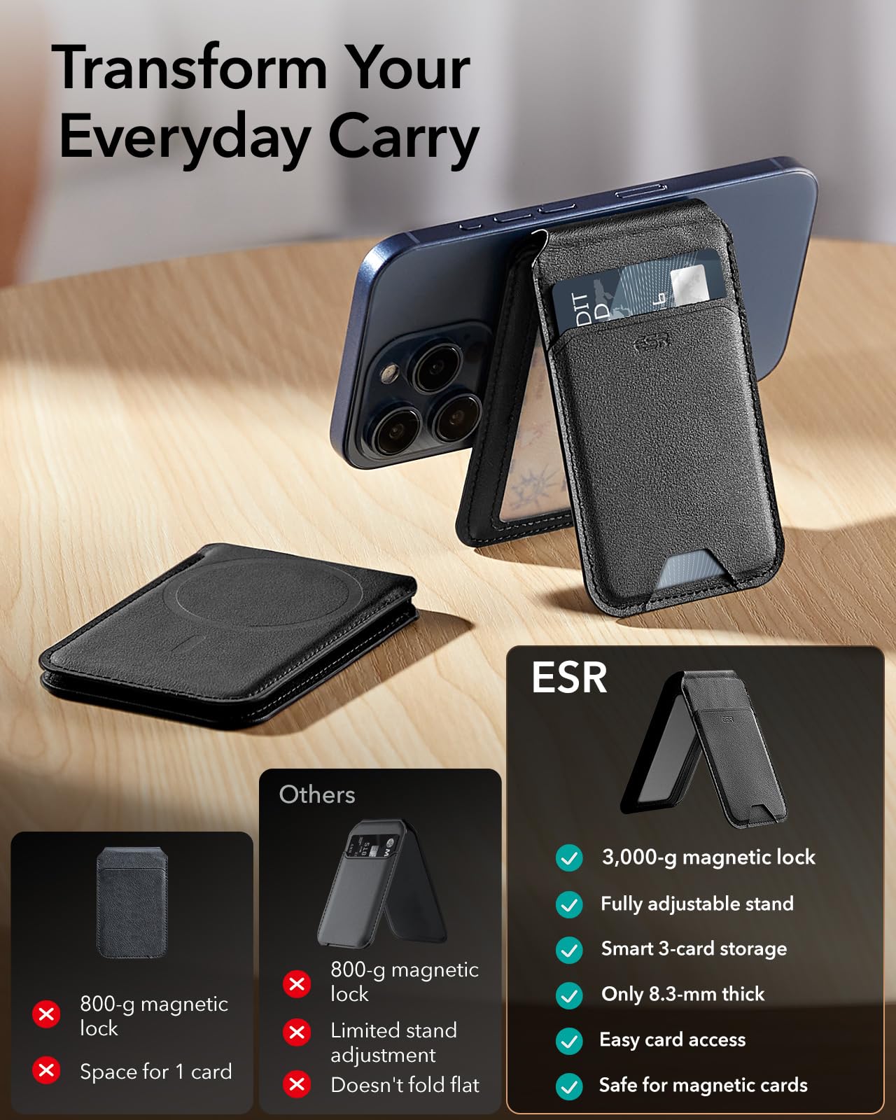 ESR Cartera MagSafe(HaloLock), Compatible Magsafe Wallet, Soporte Ajustable, 3 Tarjetas, Cuero Vegano, para iPhone Series 16/15/14/13/12, NO para 13/12 Mini, Negro