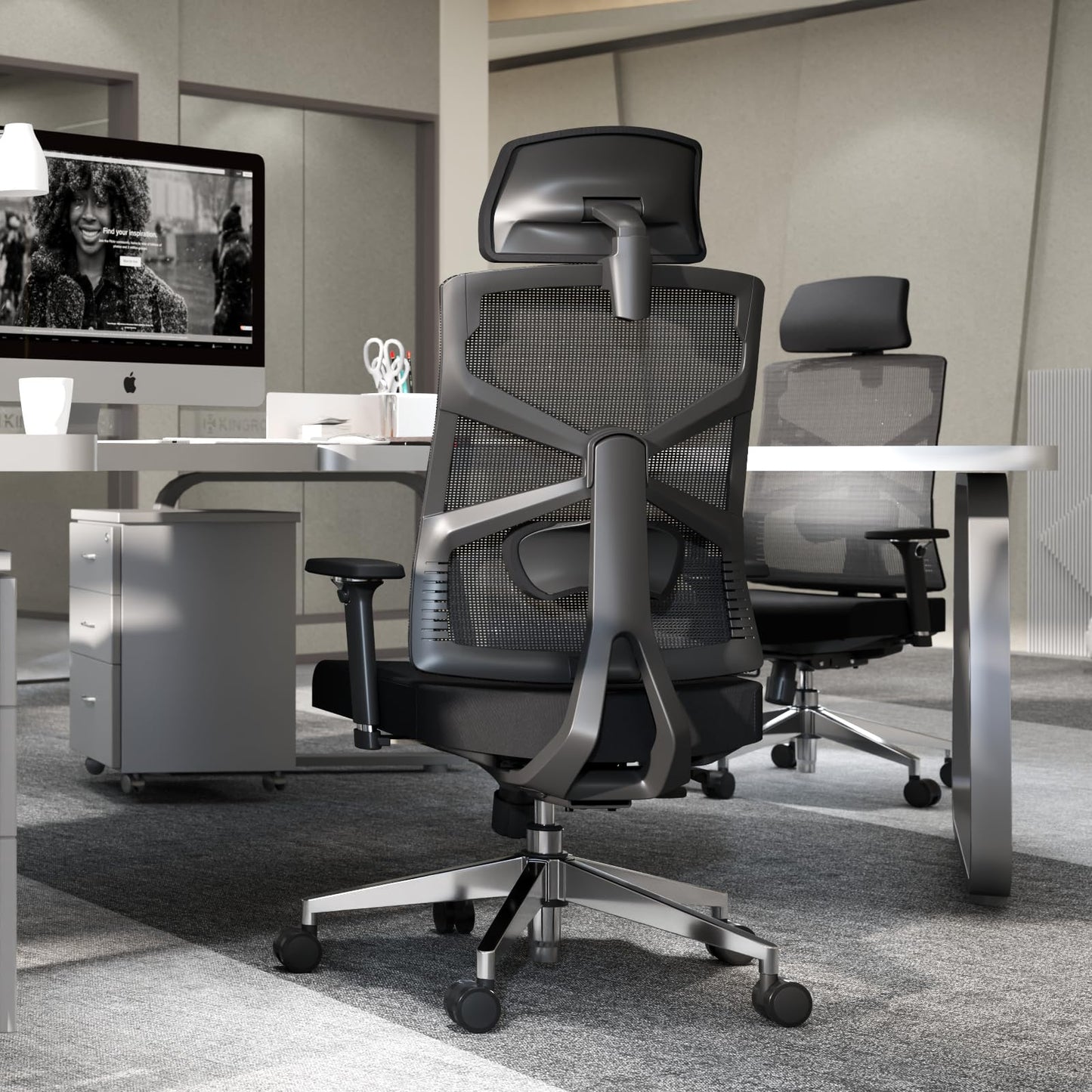 HOLLUDLE Silla de Oficina Ergonómica con Respaldo Adaptativo, Silla de Escritorio de Alto Respaldo con Reposabrazos 4D, Profundidad de Asiento Ajustable, Soporte Lumbar y Reposacabezas 2D, Negro