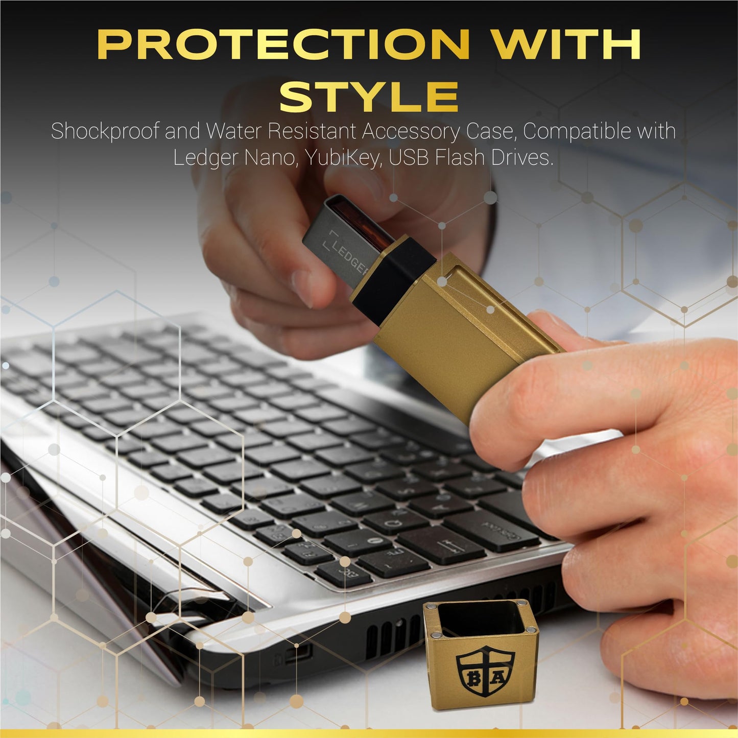 BitArmor Yubikey - Funda protectora para Ledger Nano X, S, S Plus, resistente al agua, al fuego y a los golpes, para almacenamiento en frío, para Bitcoin, Ethereum, XRP, unidad USB, Yubikey (dorado)